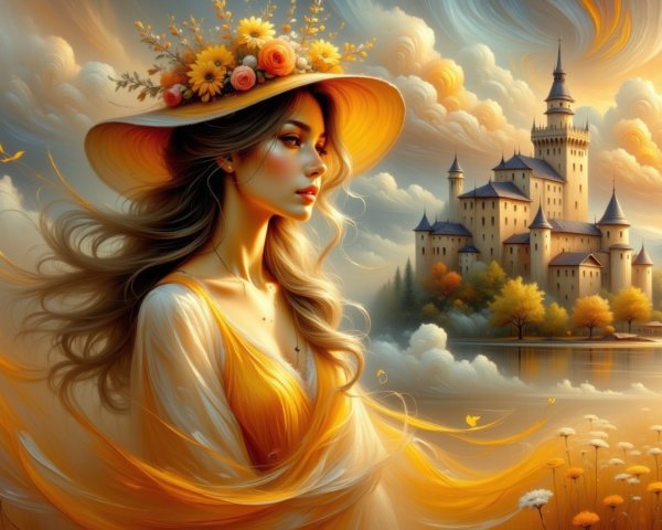 Serene woman in floral hat gazes at distant castle