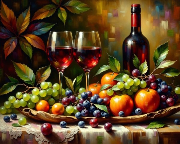 Vibrant Still Life with Fruits and Red Wine Glasses