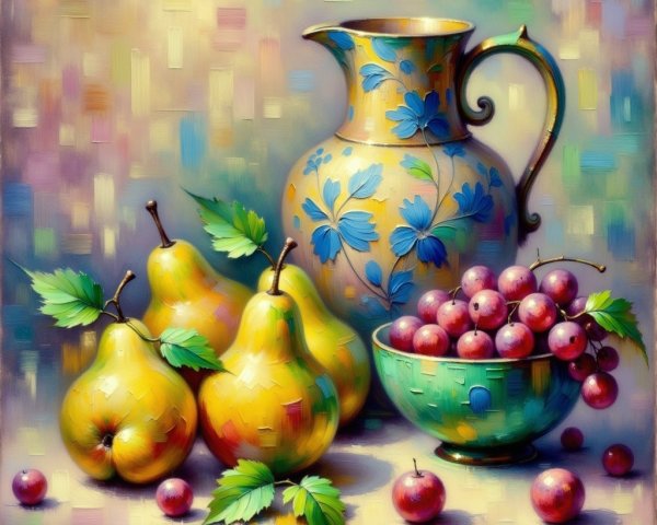 Vibrant Still Life with Jug, Pears, and Grapes