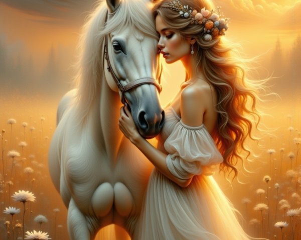 Young Woman Embraces White Horse in Golden Landscape