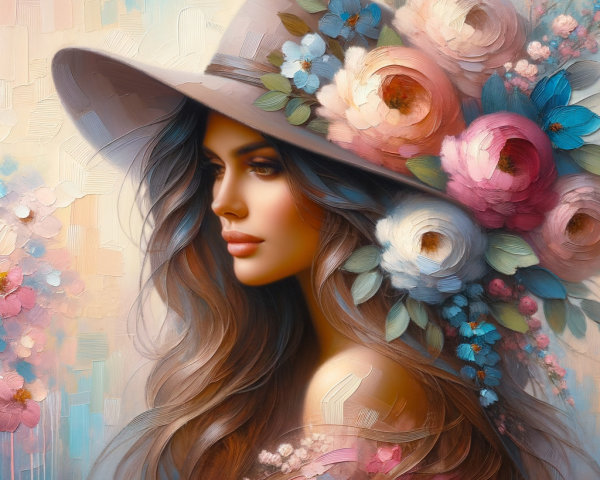 Portrait of a Woman with Floral Accents and Hat