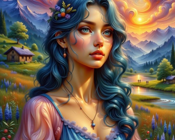 Serene Landscape with Young Woman and Vibrant Sky