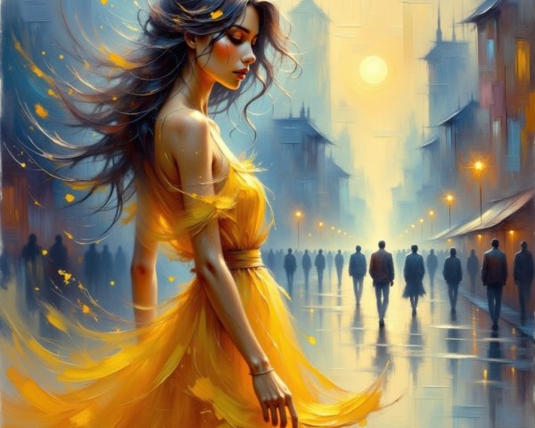 Woman in Yellow Dress on Misty Dusk Street