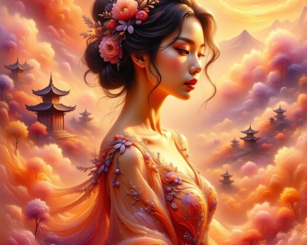 Young Woman in Floral Gown in Dreamy Landscape