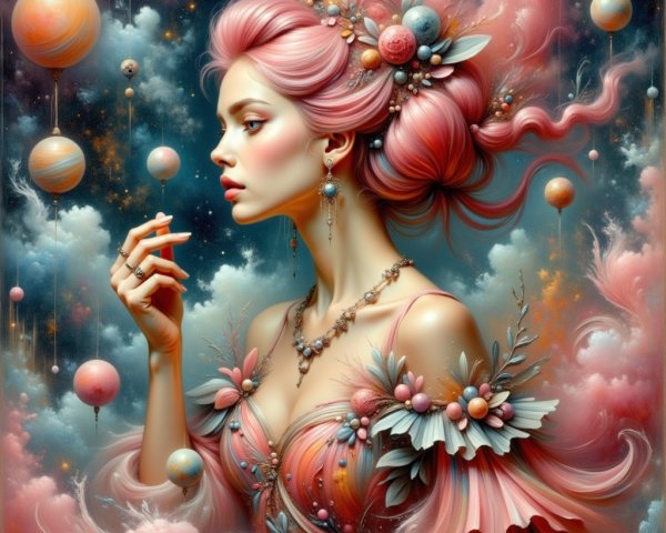 Portrait of a woman with pink hair in a cosmic setting