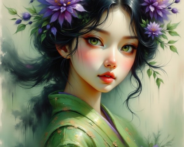 Portrait of a girl in a green kimono with flowers