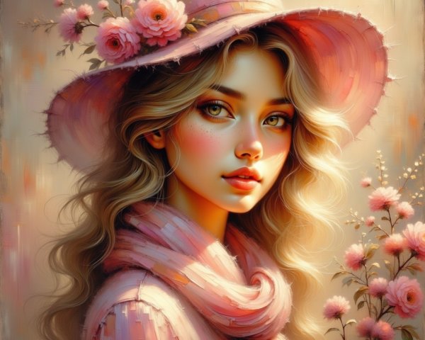 Young woman in pink hat surrounded by blossoms