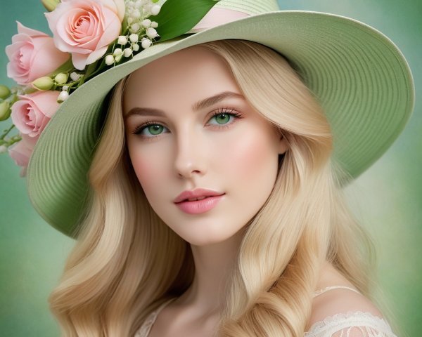 Young woman in pastel green hat with floral accents