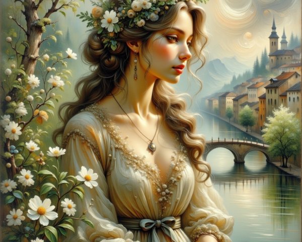 Young Woman in Floral Dress by Serene River Landscape