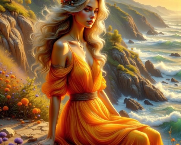 Coastal Landscape with Young Woman in Orange Dress