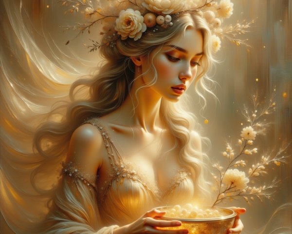 Serene Figure with Floral Crown and Golden Bowl