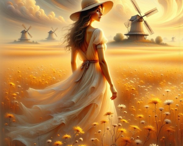 Serene Countryside Scene with Woman in White Dress