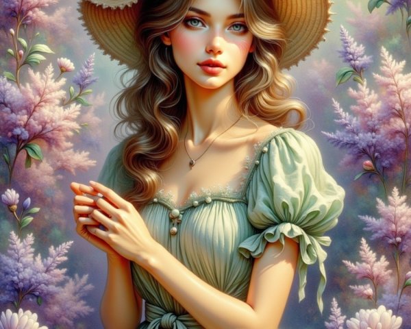 Young Woman in Pastel Green Gown Among Purple Flowers