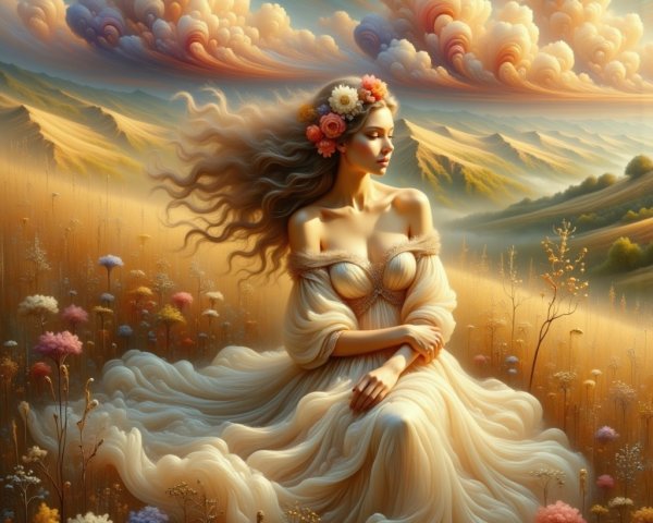 Serene figure in gown amidst vibrant blossoming field