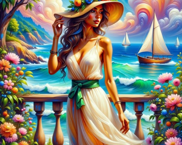 Woman in White Dress on Balcony Overlooking Seaside