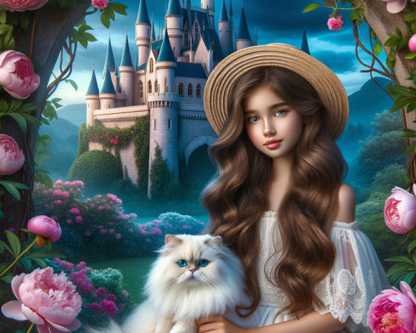 Young girl in white dress with cat near castle