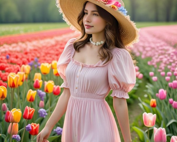 Young Woman in Vibrant Tulip Field with Sunlight