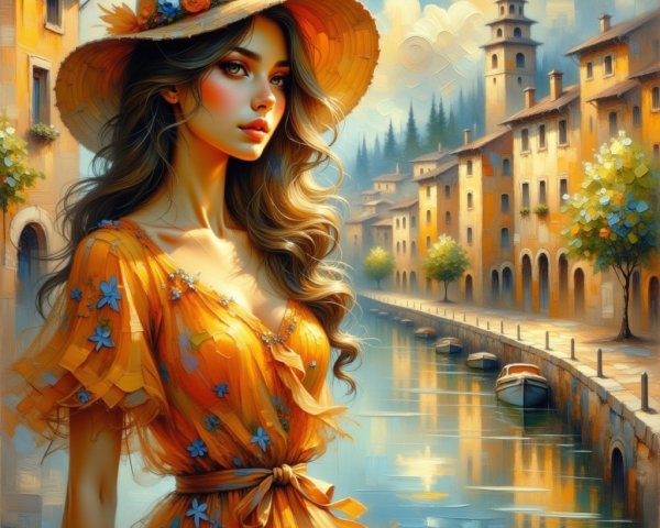 Young Woman in Orange Dress by Serene Canal Scene