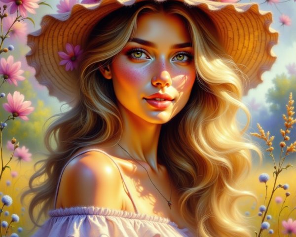 Young woman in sunlit field with blooming wildflowers