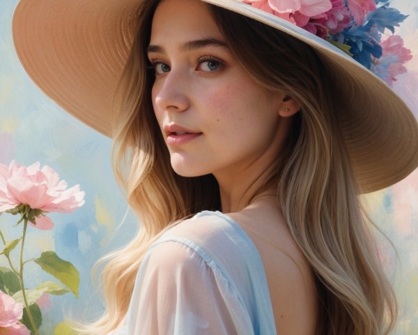 Young Woman in Floral Dress with Straw Hat and Flowers