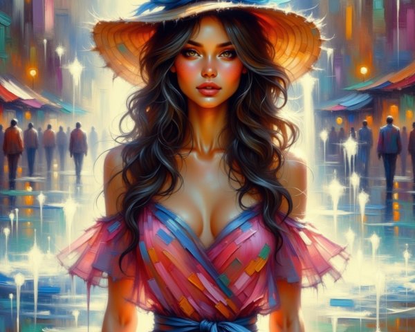 Vibrant Woman in Colorful Dress on Rainy Street