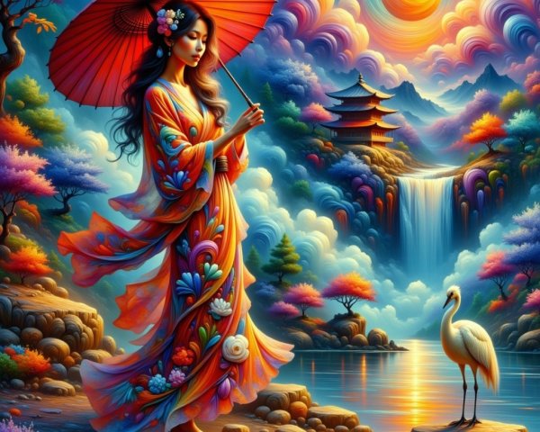 Vibrant Scene of Woman in Kimono by Waterfall