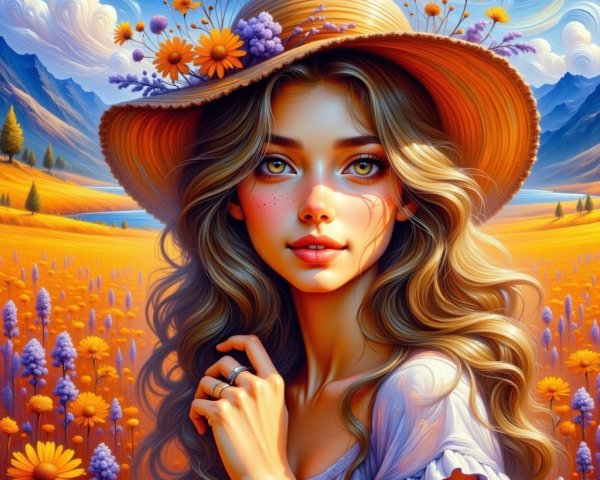 Young woman in floral hat in vibrant landscape