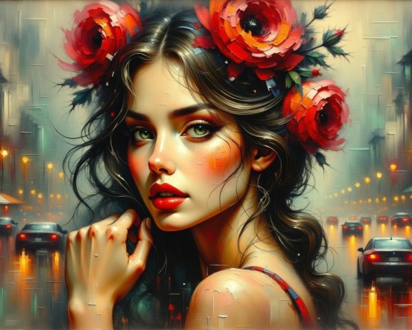 Young Woman with Flowers in Rainy Cityscape