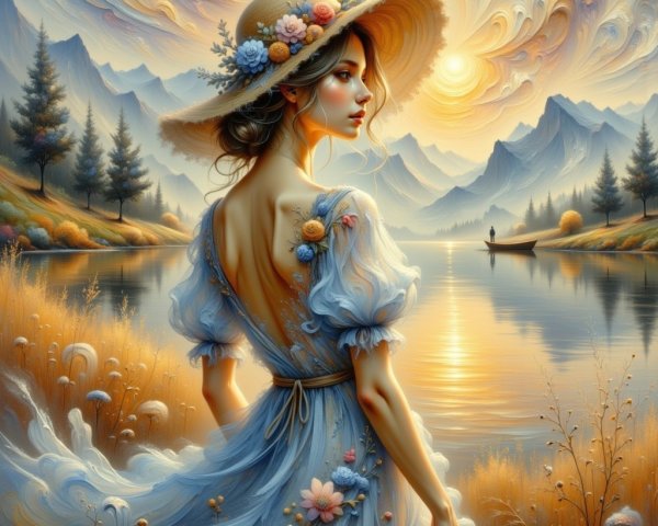Young woman in blue dress by serene lake at sunset