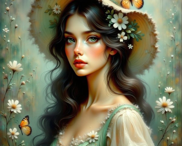 Young Woman in Floral Hat Surrounded by Butterflies
