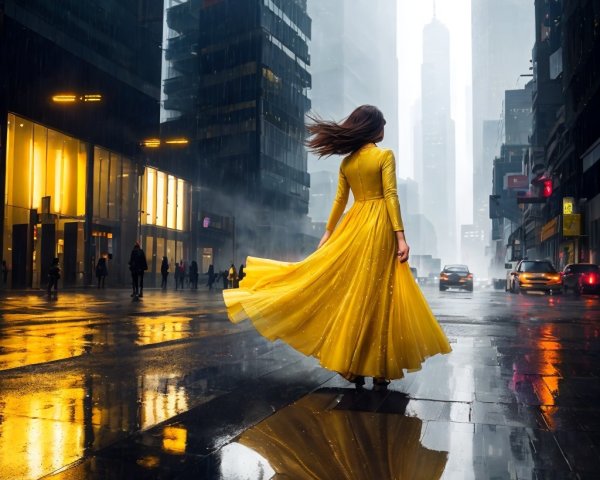 Woman in Yellow Dress on Rainy Urban Street