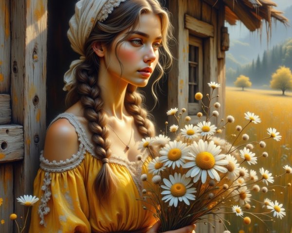Young woman in yellow dress by rustic cabin with daisies