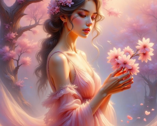 Serene Woman in Flowing Gown Among Pink Trees
