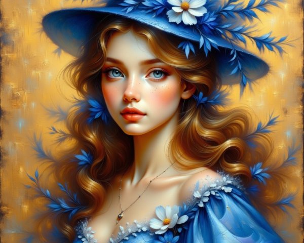 Young woman in blue dress with floral hat and glow