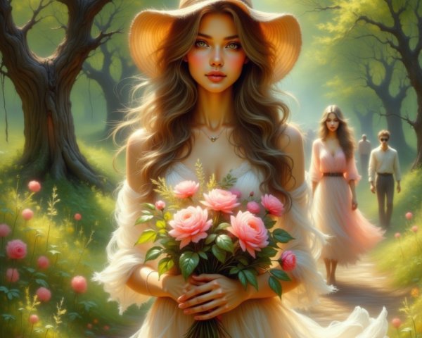 Young Woman in Enchanted Forest with Pink Roses