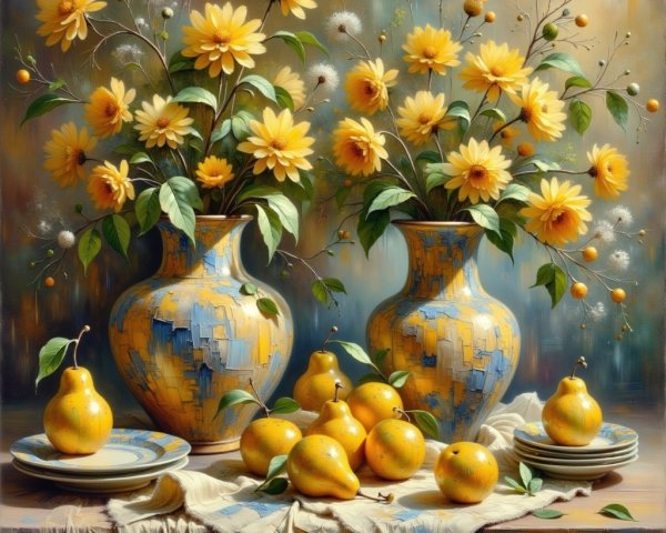Vases with Yellow Flowers and Dandelions on Table