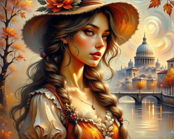 Young Woman in Vintage Outfit by Serene River Scene