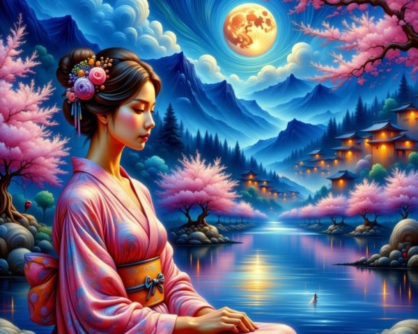 Serene woman in kimono by tranquil river and cherry trees