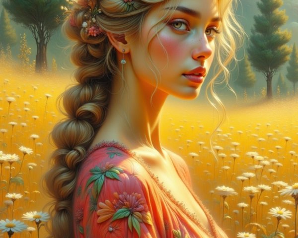 Young Woman in Floral Dress in Golden Field