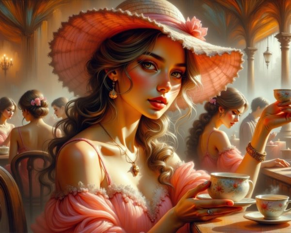 Young Woman in Pink Dress at Elegant Café Setting