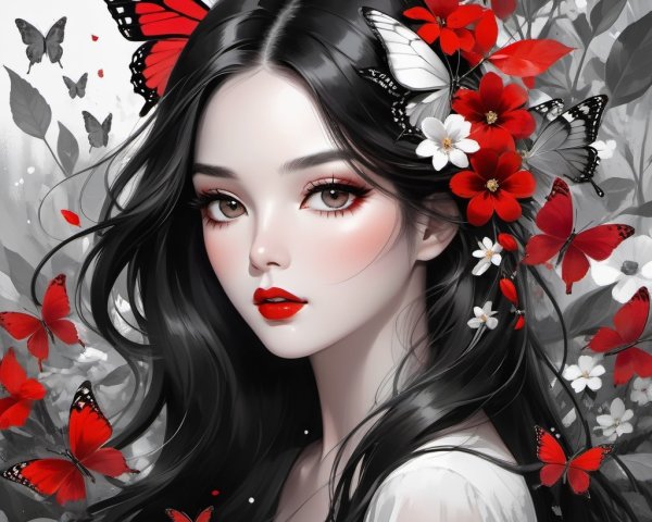Woman with Long Black Hair and Red Butterflies