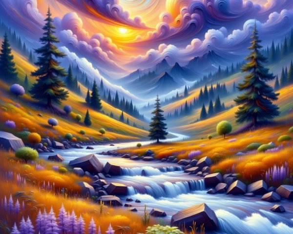Vibrant Landscape with Stream, Wildflowers, and Mountains