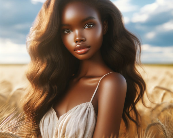 Young Woman in Wheat Field Under Blue Sky