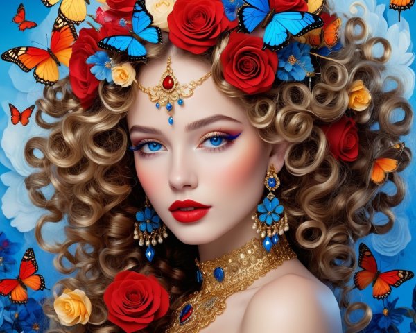 Portrait of a Woman with Floral Crown and Jewelry