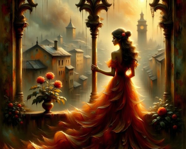 Woman in Red Gown by Ornate Archway at Sunset