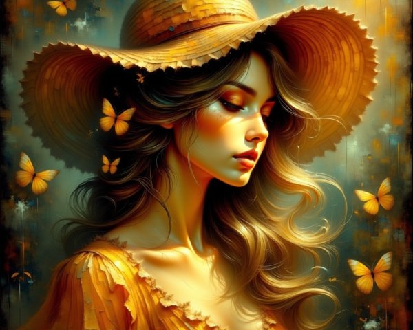 Young woman in yellow dress with butterflies and hat