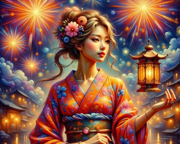 Young Woman in Kimono with Lantern Under Fireworks