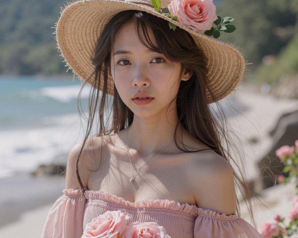 Young woman in straw hat with roses on beach