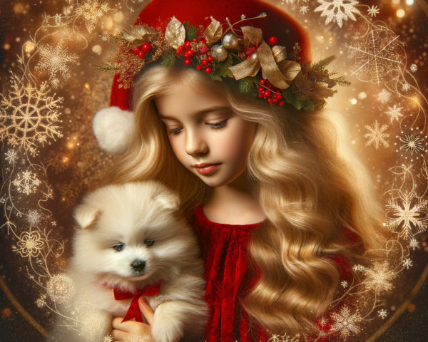 Young girl in festive dress with puppy in a magical setting