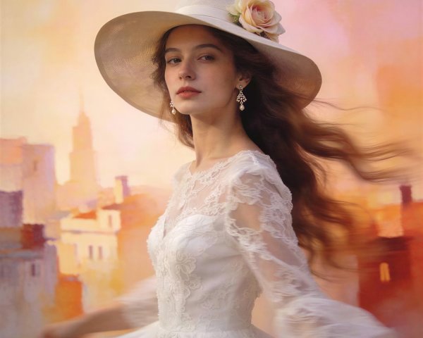 Elegant Woman in Lace Dress Against Sunset Skyline